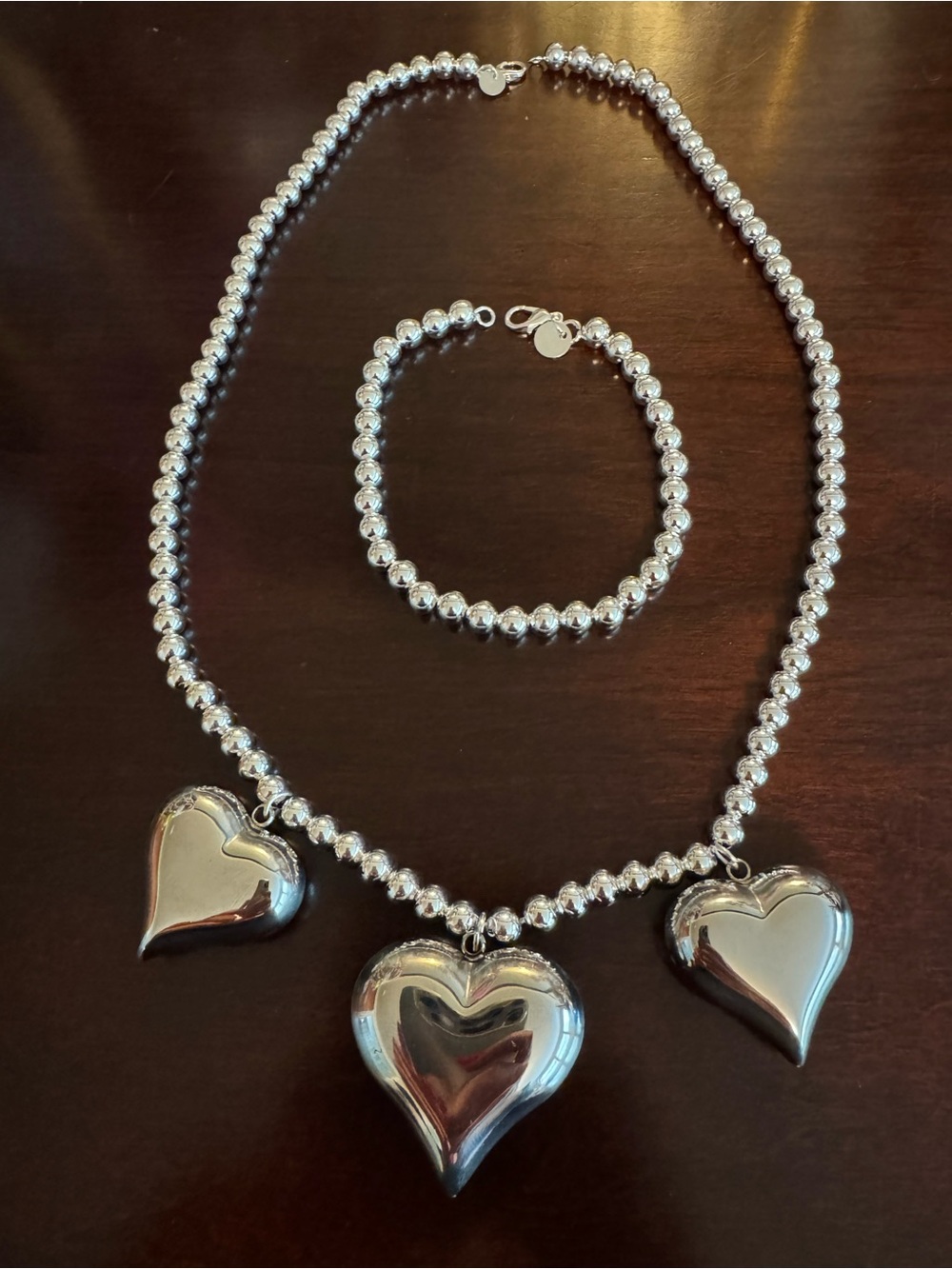 Stainless Puffy Heart Bead Necklace & Bracelet Set